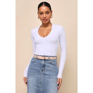 Lulus Obviously Perfect White Ribbed V-neck Bodysuit - Size M